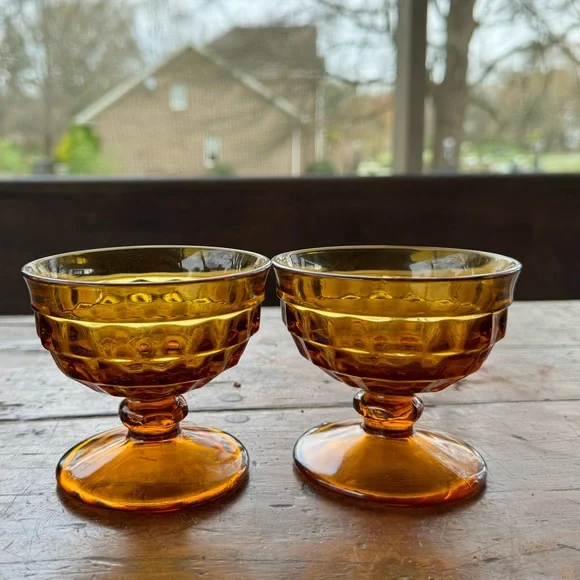 2 Vintage Indiana Amber Glass Whitehall Cubist Footed Sherbet Dish Dessert Bowls - Picture 3 of 4
